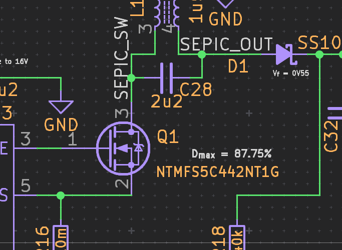 A screenshot of the Squishy SEPIC supply schematic showing the, now corrected MOSFET symbol