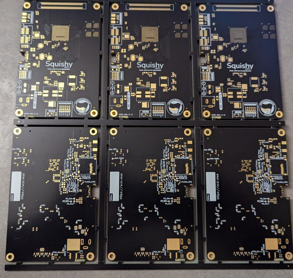 The blank Squishy PCBs, showing 2 panels, one showing the front the other showing the back