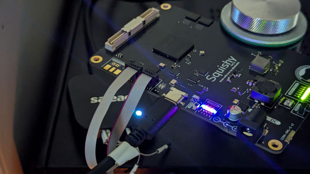 Squishy connected to a blackmagic debug probe and a logic analyzer trying to bring up the FLASH SPI bus